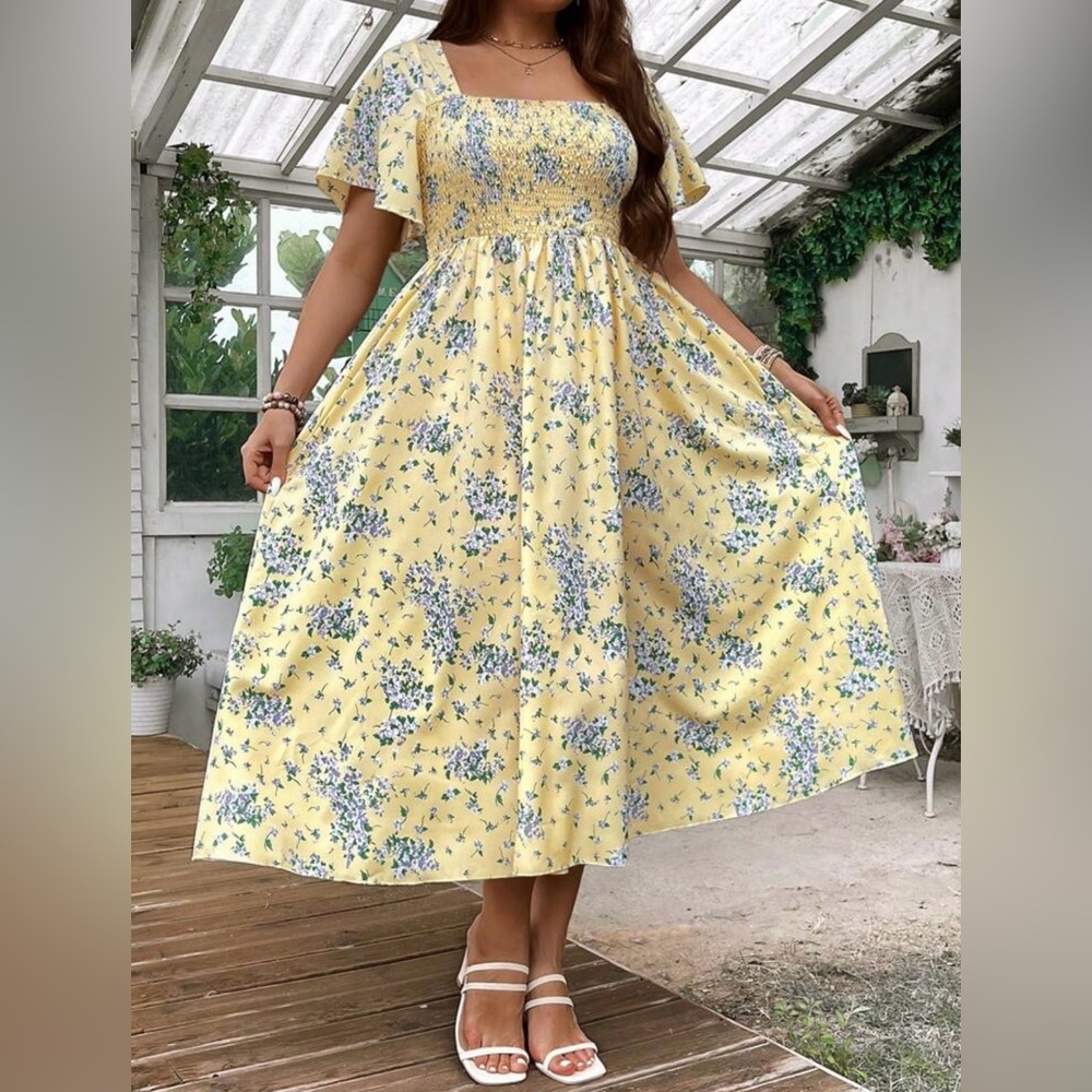 SHEIN Yellow Floral Midi Dress